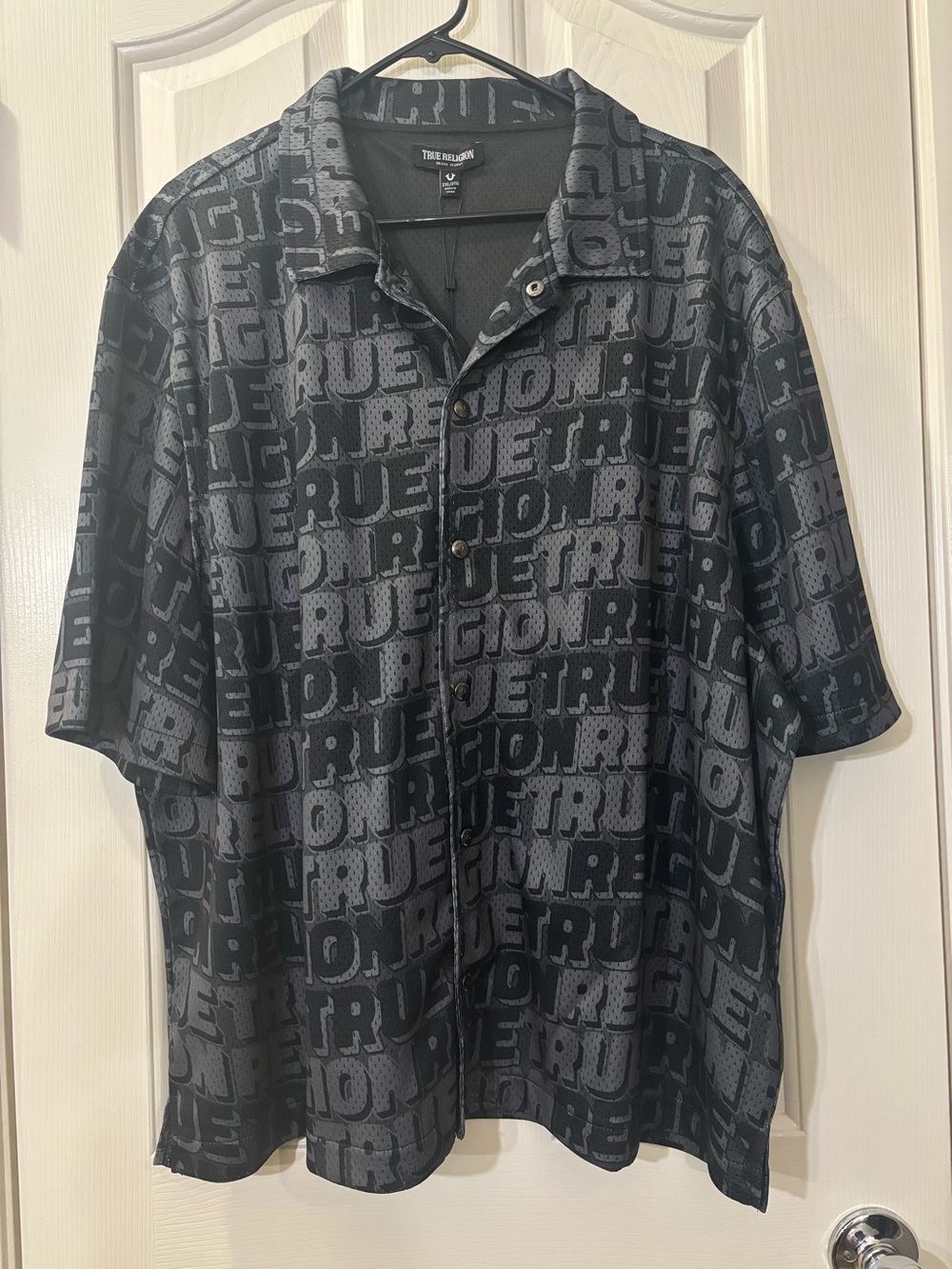 True Religion Black & Gray Logo Print Button Down Shirt